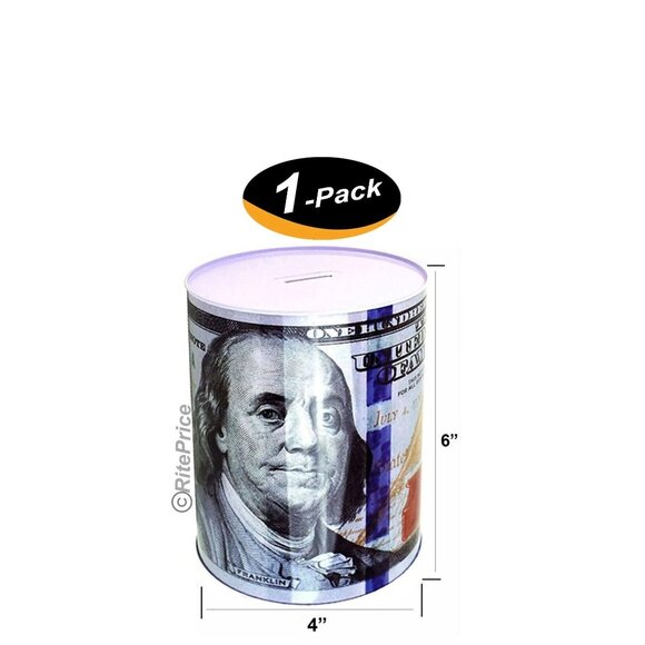 Ben Franklin $100 Bill Money Coin Saver Tin Money Savings 6" Piggy Bank (1 Pack) - Picture 1 of 9